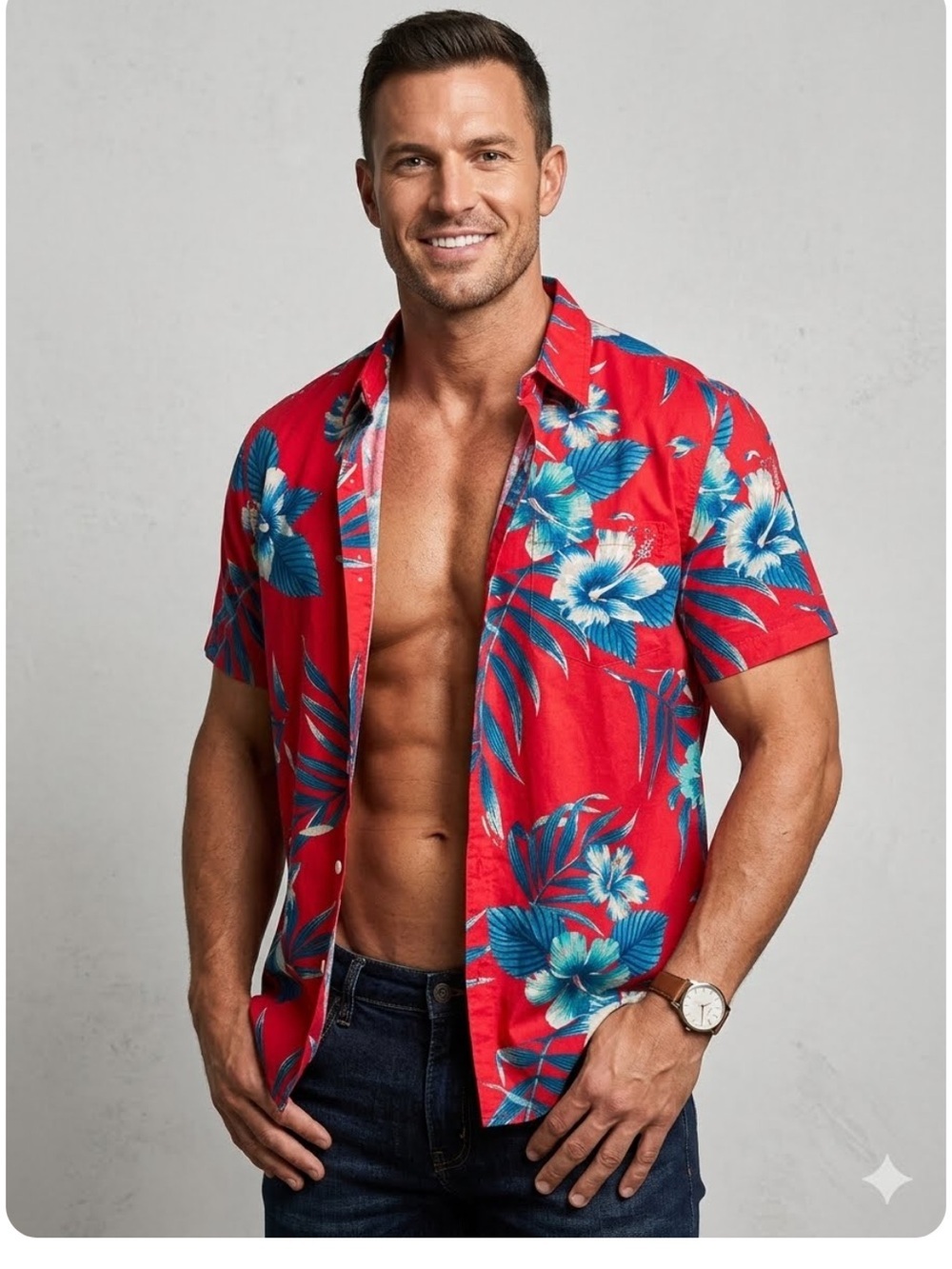 Blue Generation Red Hawaiian Floral Men's Casual Button Down Shirt Size 2XL